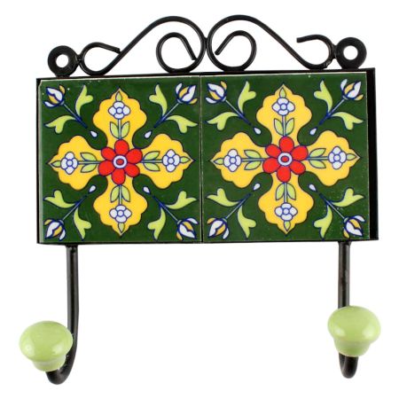 Forest Green Ceramic Floral Tile Hook